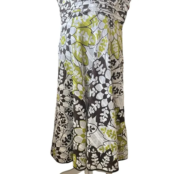 Amanda Lane Women‎ Retro Mod Floral Midi Dress 14 Green Brown V-Neck A-Line - Image 5