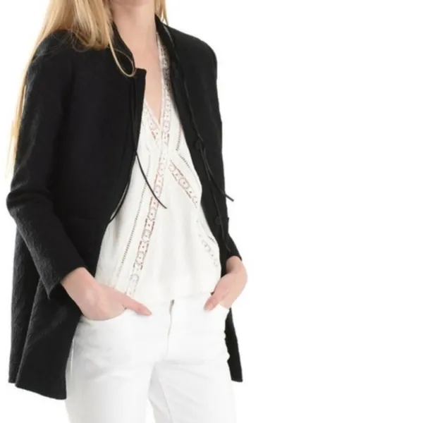 Maje Gretelle‎ Leather Trim Jacquard Knit Longline Coat Parisian Car Coat Sz 36 - Image 2