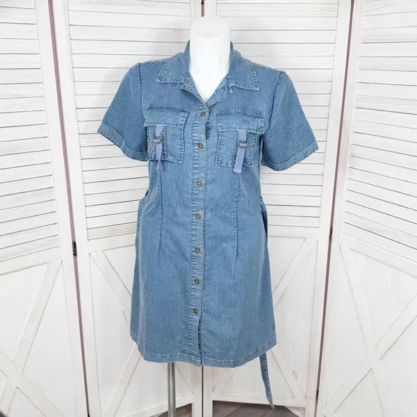 Indulge Chambray Button Up Belted‎ Short Sleeve Shirt Dress Denim Blue Large - Image 5