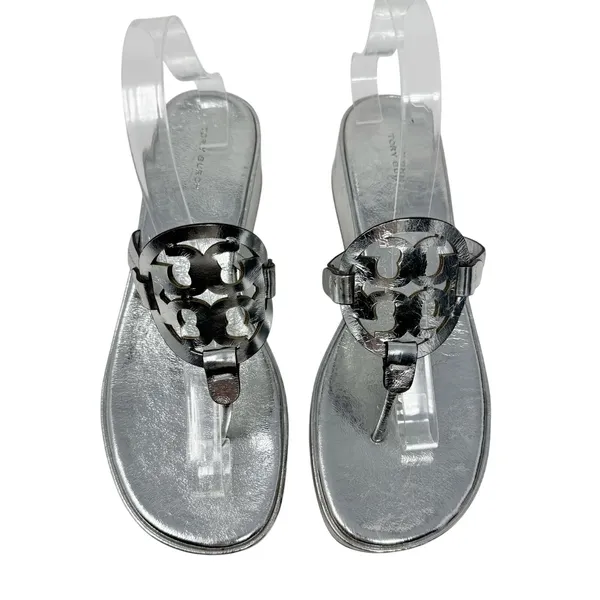 Tory Burch Miller Silver Metallic Leather Platform Wedge Sandals Logo Thong 9 - Image 3