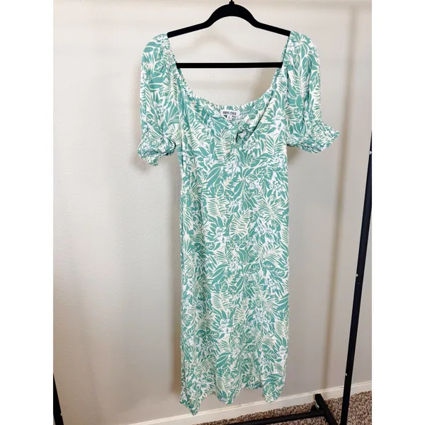 Mimi Chica Green Tropical Leaf Print‎ Smocked Square Neck Midi Dress Size M - Image 2