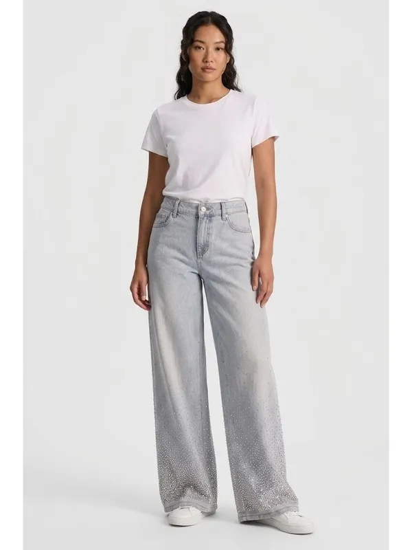 NWT Alice + Olivia Amazing Baggy in Rockstar Blue Rhinestone Wide Leg Jeans 32 - Image 2