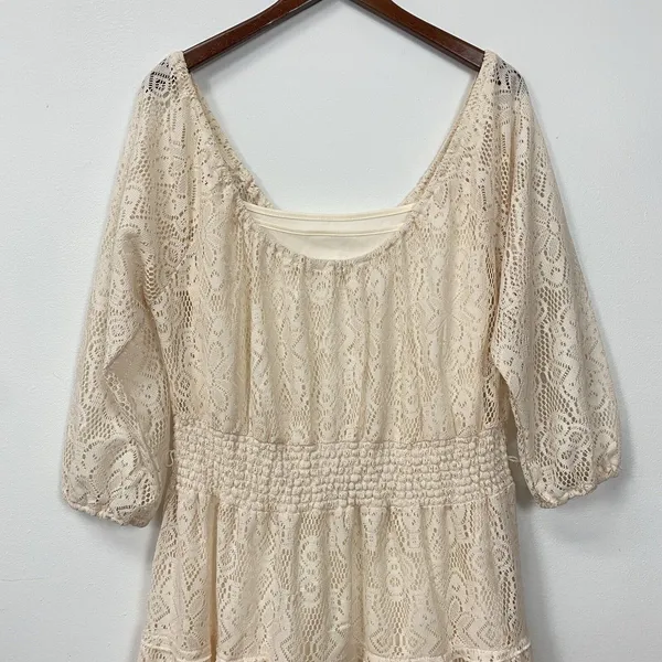 Allison Britney Beige Cream Lace Tiered Lined‎ Midi Dress Sz L Boho Off Shoulder - Image 3