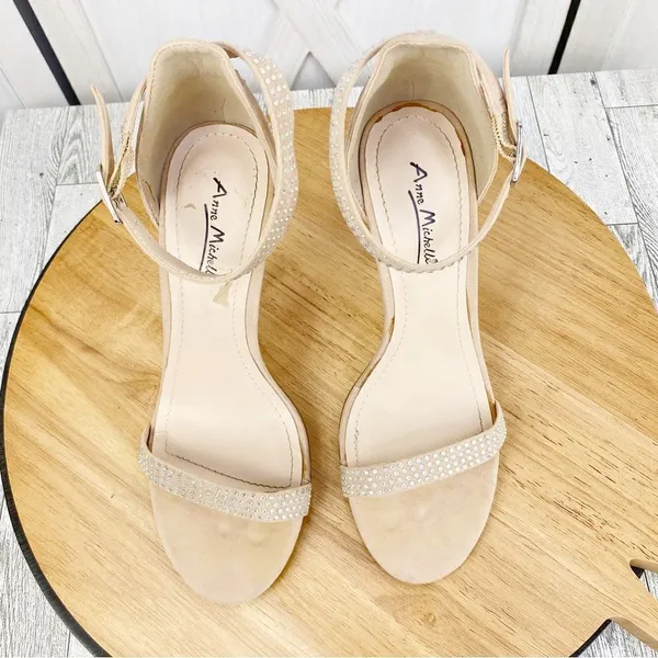 Anne Michelle Enzo‎ Rhinestone Faux Suede Strappy Heels Tan Open Toe 7.5 - Image 7