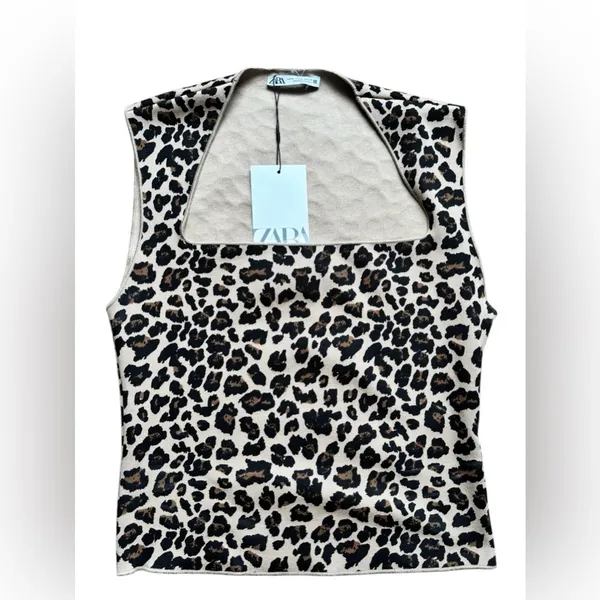 Zara Leopard 2PC Sweater Set Tank Pencil MIDI Skirt M Brown Black Animal Print - Image 4