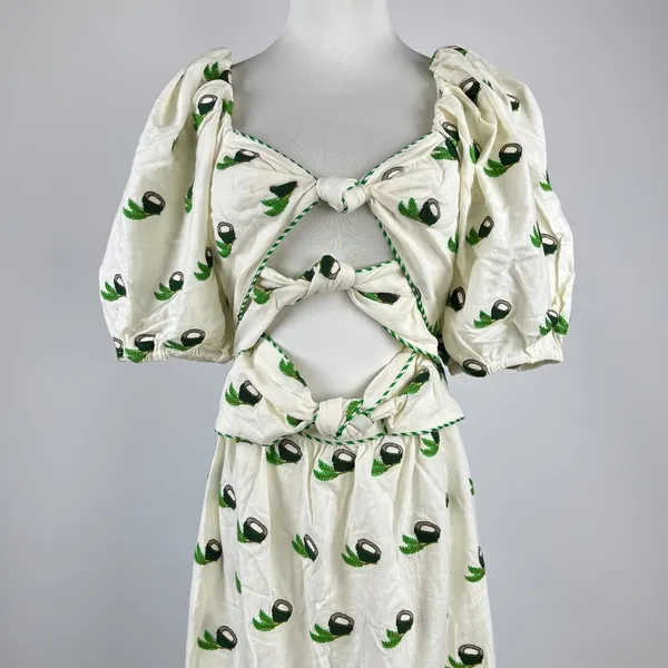 NWOT Farm Rio Linen Blend Cutout Tie Front Embroidered Tiered Midi Dress Size XS - Image 3
