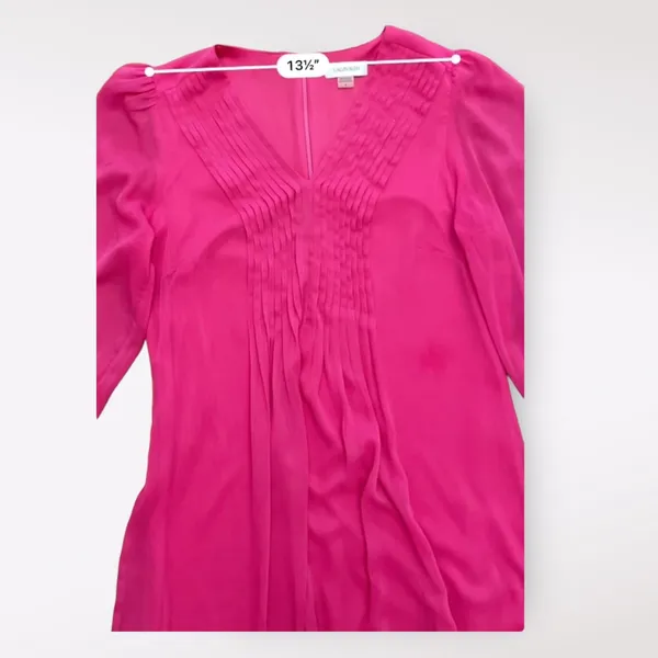 Calvin Klein Pink Pleated Chiffon 3/4 Sleeves V-Neck Short Dress‎ Size 4 - Image 5