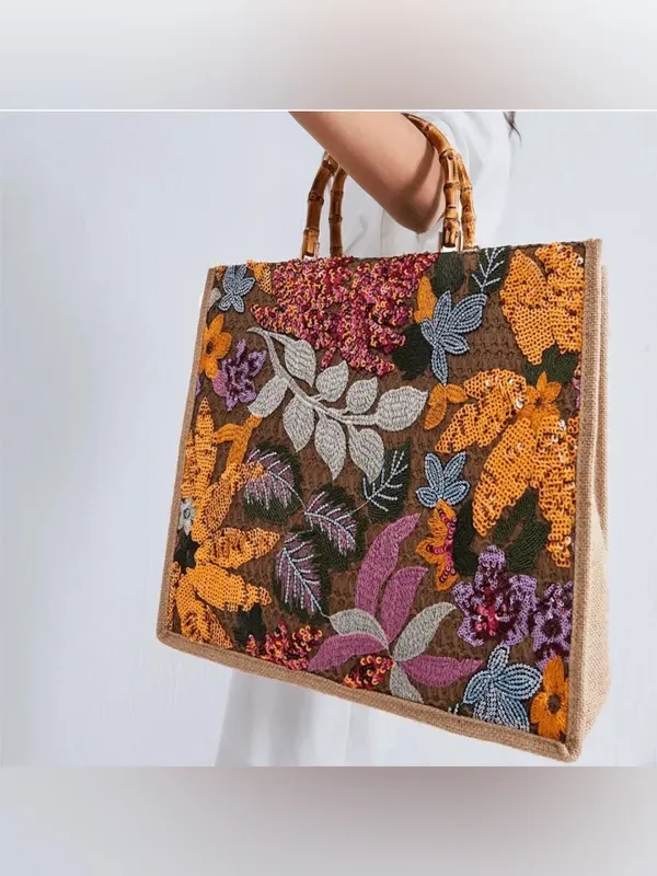 Embroidered Floral Tote Bag with Bamboo Handles - Beige - Image 6