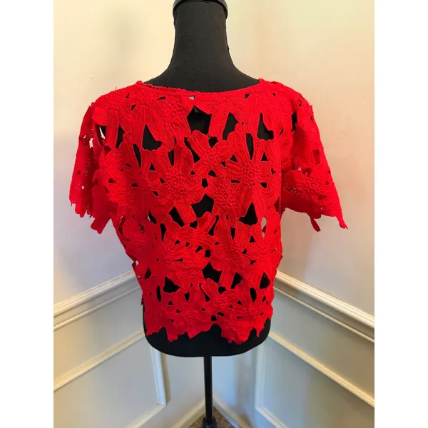 Atmosphere Tomato Red Floral Crochet Lace Crop Top Guipure Cutout Short Sleeve - Image 6