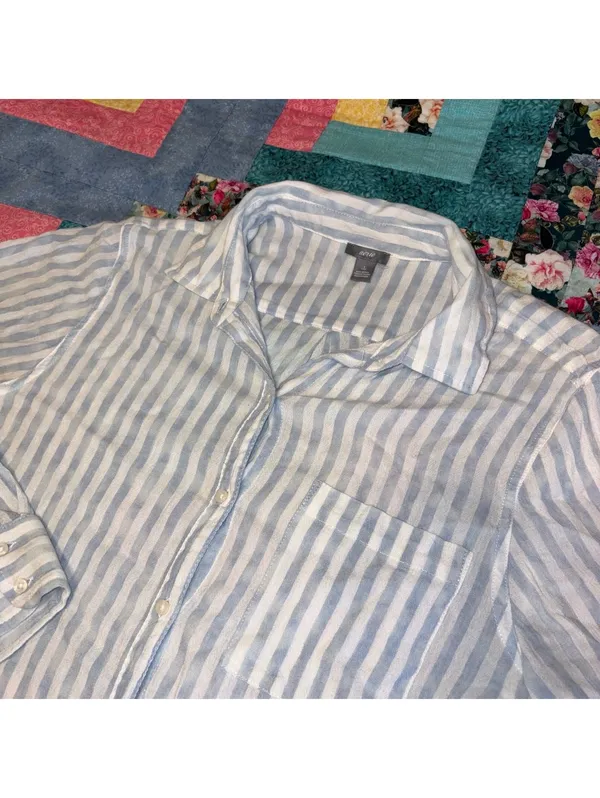 Aerie Freyed Hem Woman’s S Blue and White Striped Button-Up Shirt - Image 2