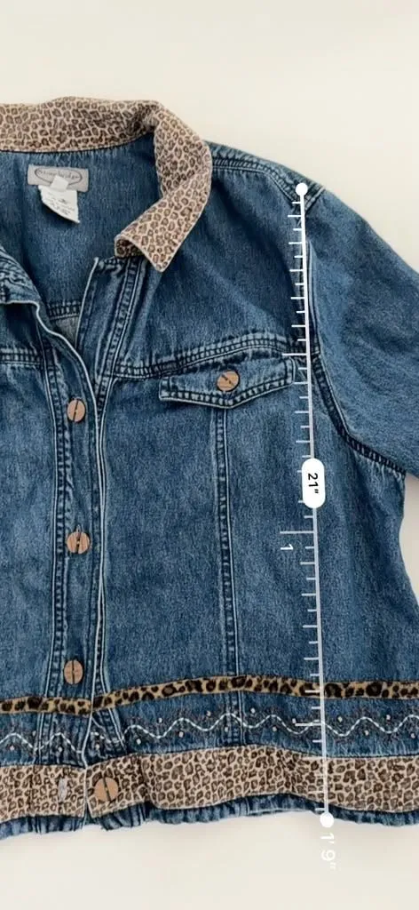 Y2K Vintage Western Country Boho Chic Leopard Print Beaded Trim Denim Jacket - Image 3