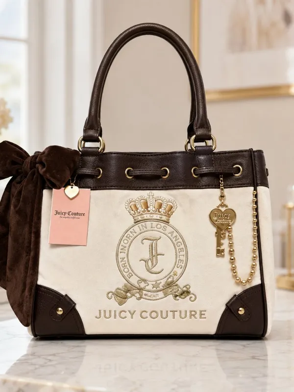 Juicy Couture Daydreamer Velour Tote Brown Cream Crown Crest NWT - Image 2