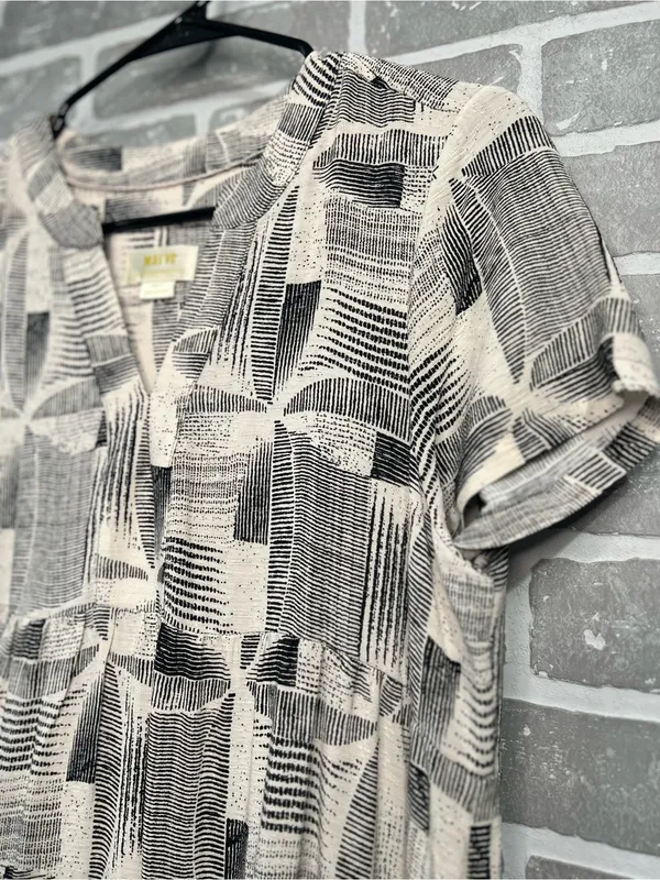 Maeve Anthropologie Abstract Print Tiered Dress Small Black Cream Shift‎ - Image 4