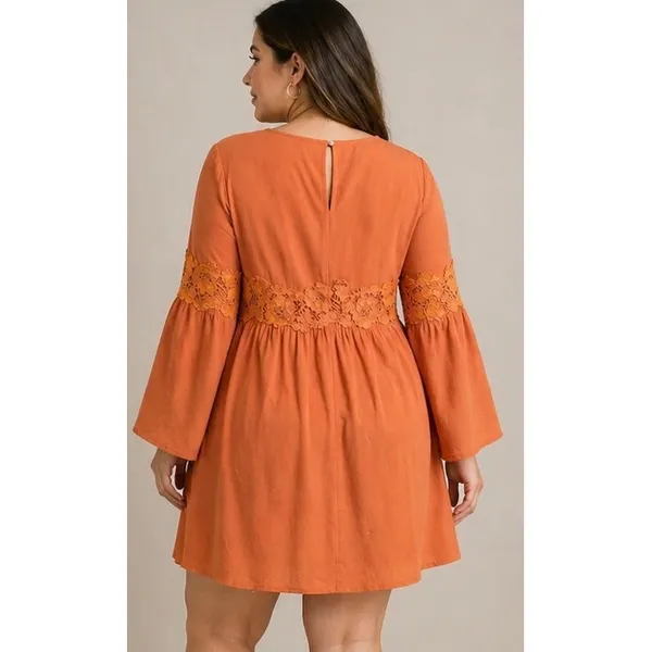 Easel Orange Lace Detail‎ Bell Sleeve A Line Dress Women's Size M - Image 2