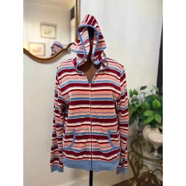 American Eagle‎ y2k Striped Full Zip Hoodie Women's Top With Pockets vintage Lg - Image 2