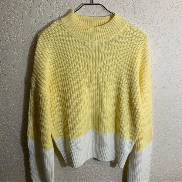 GB Sweater Yellow M Women Colorblock Ribbed Knit Mock Neck Casual - Image 3