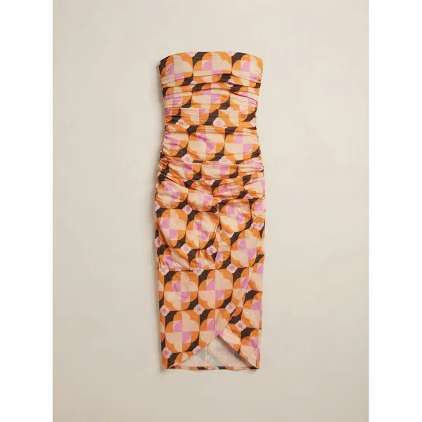 Anthropologie Women Dress XS Orange Pink Geometric Ruched Strapless Midi Wrap - Image 2