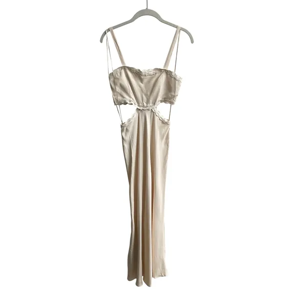Mango Cutout Maxi Dress Women 2 Cream Scalloped Embroidered Trim Minimalist Boho - Image 6