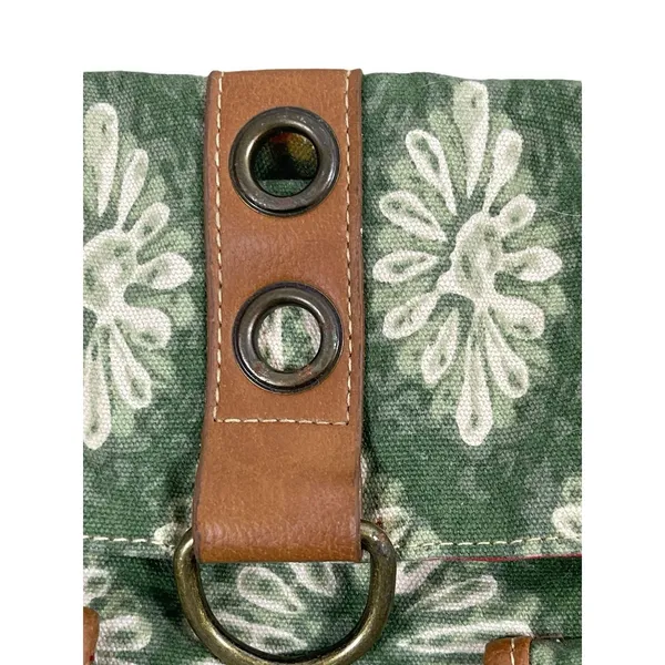 Y2K 90s The Sak Green Floral Canvas Shoulder Bag Brown Faux Leather Trim Purse - Image 4