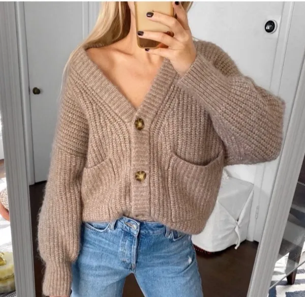 ZARA Patch Pocket Knit Oversized Cardigan Jacket Sweater Outerwear Tan Brown - Image 3