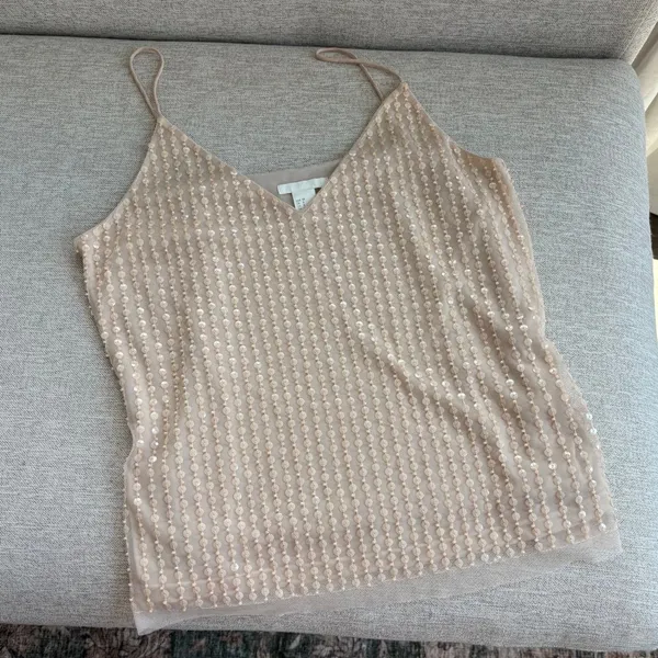 H&M Sequin Tank Top Size 8 Beige Mesh Spaghetti Strap Glam Party Holiday Work - Image 3