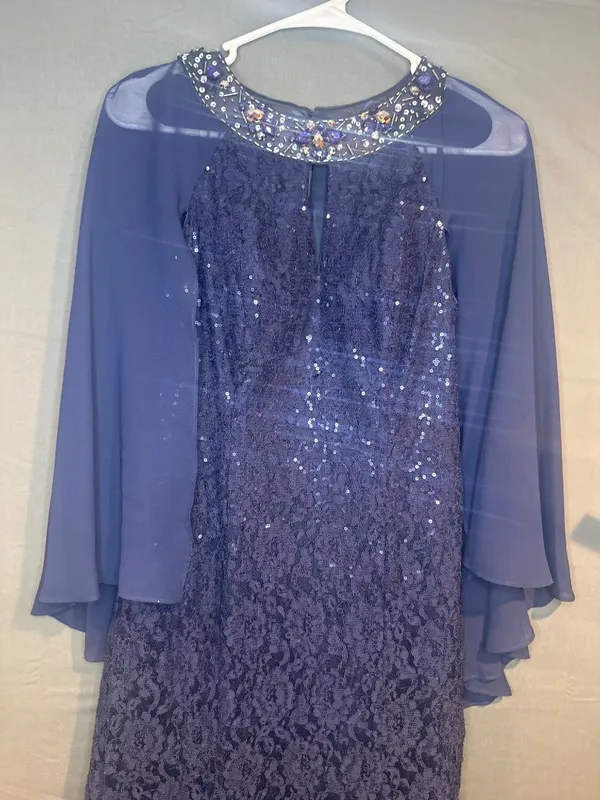 SLNY Women 6 Navy Blue Lace Sequin Evening Gown Cape Sleeve Formal Dress - Image 2