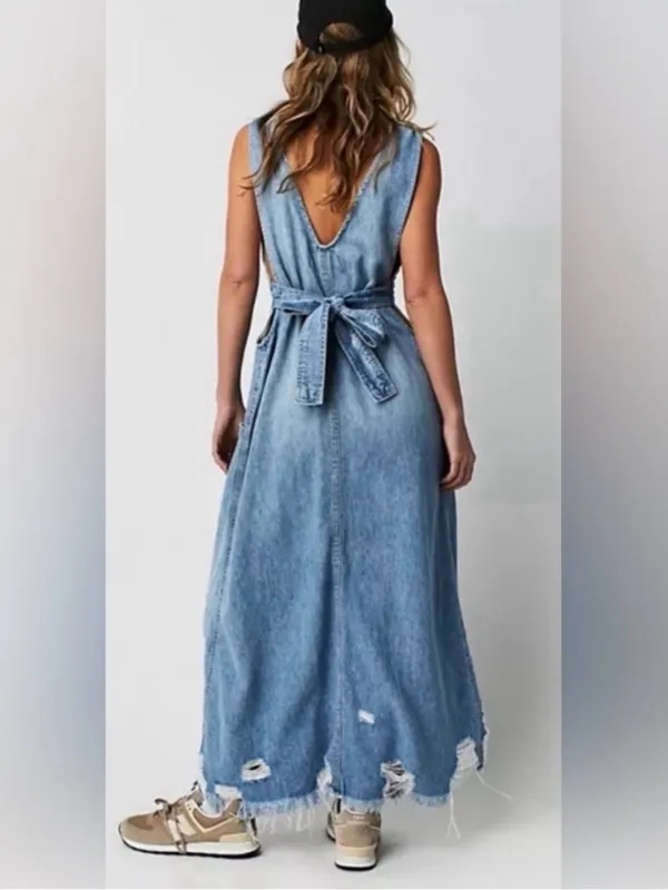 Free People We The Free Wonderland Denim Maxi Dress Small - Image 5