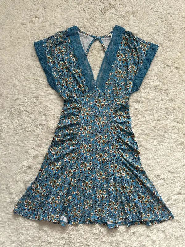 Free People Sweet Talker Mini Dress Short Sleeve V-neck Floral Blue Sz S - Image 2