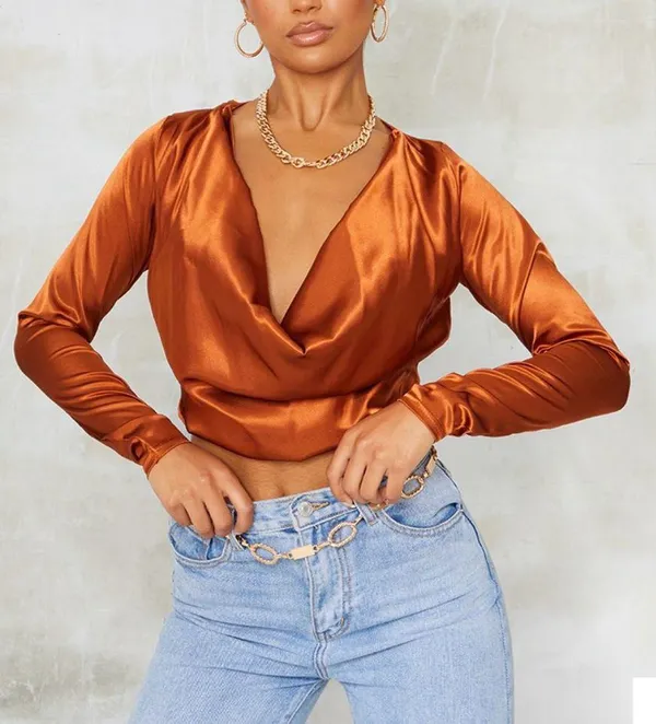 Pretty Little Thing New Satin Cowl Neck Long Sleeve Crop Top Rust Size 6 - Image 5