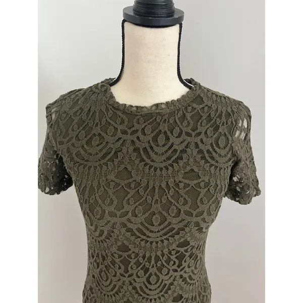 H&M Green Lace Mini Dress Womens‎ Small 4 Olive Bodycon Short Sleeve Boho Chic - Image 3