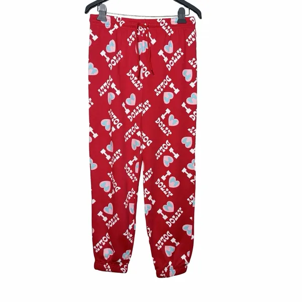Dolly Parton Pajama Pants L Red I Love Dolly Heart Print Lounge Joggers Cozycore - Image 2