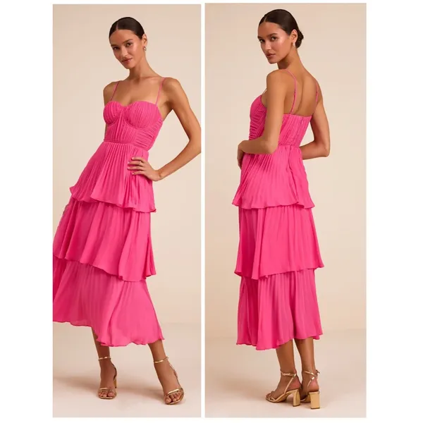 Lulus Lulus Cascading Crush Hot Pink Tiered Bustier Midi Dress Size Large Formal - Image 2