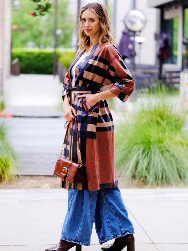 Plaid Belted Utility Trench Coat in Brown and Black - Image 3