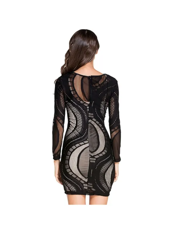 Mystic Black Lace Nude Illusion Long Sleeves Sexy Bodycon Dress L - Image 2