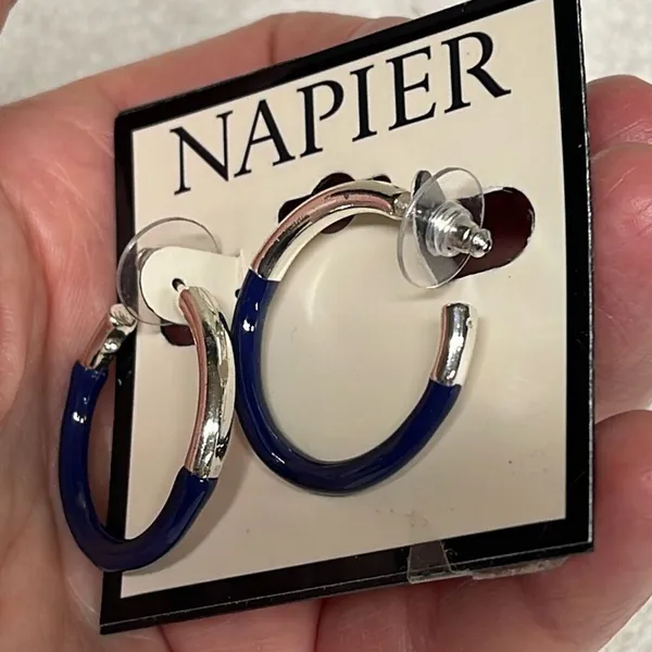 Vintage Napier silver blue hoops dangle earrings - Image 4