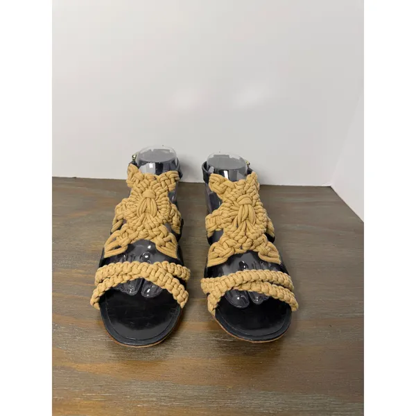 Tory Burch Women's Size 8 Macrame Woven Strappy Flat Sandals Black Tan - Image 7