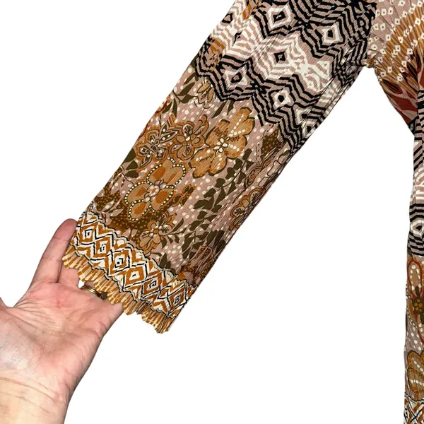 Boho Sheer‎ Blouse XL Earth Tone Floral Button Front Lightweight - Image 2