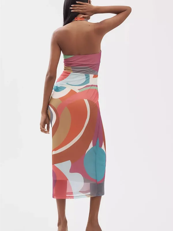 Anthropologie Women’s Abstract Multicolor Mesh Cowl Neck Midi Bodycon Dress S - Image 2