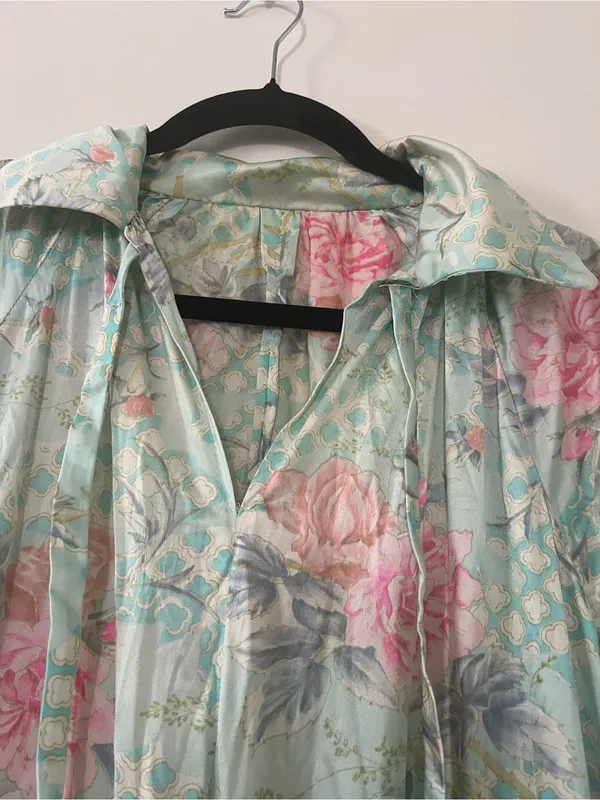 Floral Mint Green Pink Satin Maxi Dress Medium Spa Resort Lounge Caftan Beach - Image 4
