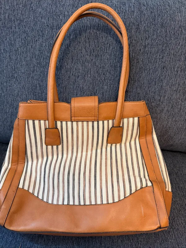 London Fog Tan & Cream Striped Structured Tote - Image 2