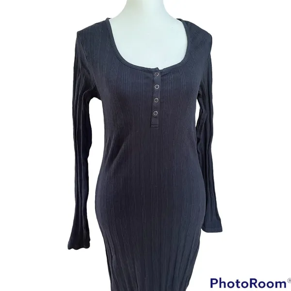 Pact Ribbed Long Sleeve Organic Cotton Midi Dress Navy Small - Image 5