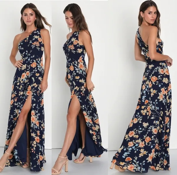 Lulus Elegant Admiration Navy Blue Floral One-Shoulder Maxi Dress Party Medium - Image 2