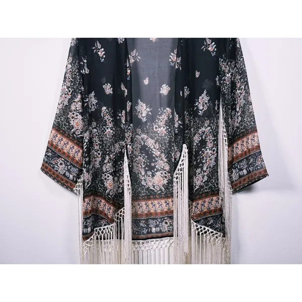 Abercrombie Boho Fringe Kimono Size XS Black Hippie Festival Coachella Western - Image 10
