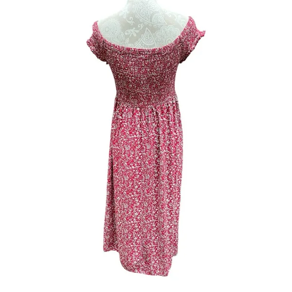 Cottagecore Boho Off Shoulder smocked Floral Maxi Dress Beach Slit Red white M/L - Image 4