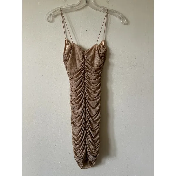 Oh Polly Ruched Rhinestone Mesh Mini Dress size 4 Sleeveless Beige - Image 4
