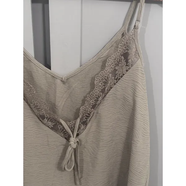 Sage Green Textured Lace Trim Tie Back Camisole Adjustable Strap V-Neck Tank Top - Image 3