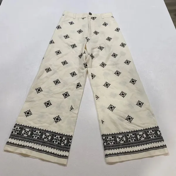 Zara Cream Embroidered Wide Leg Pants XS Boho Linen Blend - Image 4
