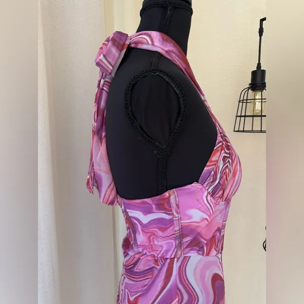 Bardot Pink Tie Dye Mesh Halter Mini Dress XS Y2K Bodycon Ruched - Image 6