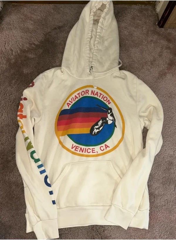 Aviator Nation Vintage White Cream Logo Drawstring Hoodie S - Image 2