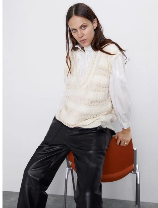 NWT ZARA COMBINATION POINTELLE VEST Sweater Top Super Oversize M Ivory - Image 4